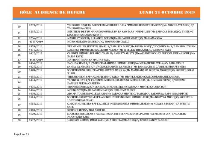 Tribunal du Commerce: Audiences des Référés du lundi 21 octobre 