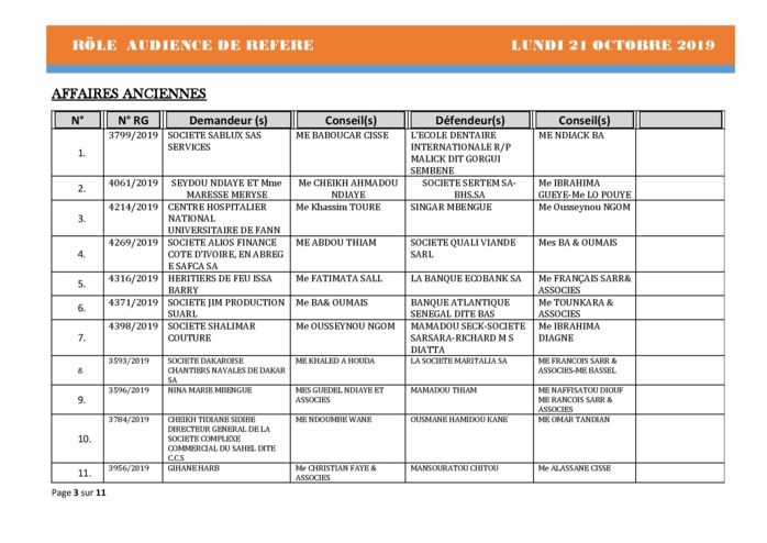 Tribunal du Commerce: Audiences des Référés du lundi 21 octobre 