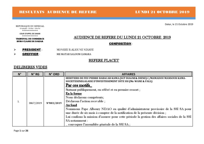 Tribunal du Commerce: Délibérés des Audiences de Référés du lundi 21 octobre 