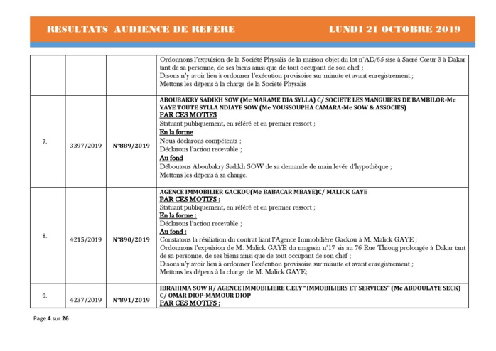 Tribunal du Commerce: Délibérés des Audiences de Référés du lundi 21 octobre 