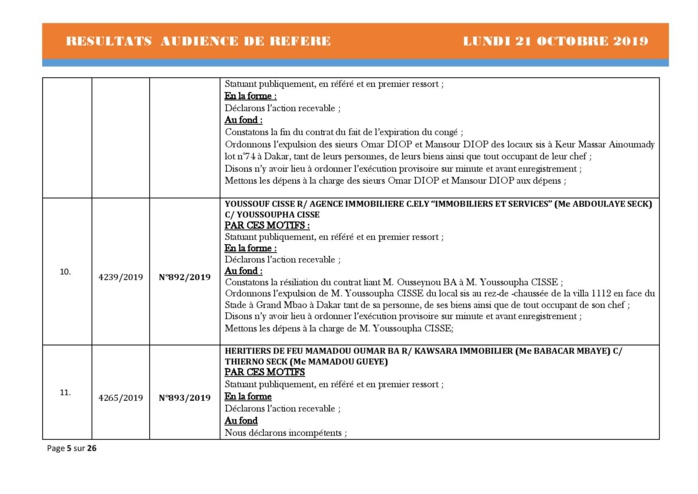 Tribunal du Commerce: Délibérés des Audiences de Référés du lundi 21 octobre 