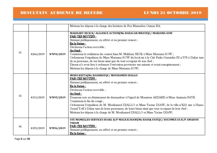 Tribunal du Commerce: Délibérés des Audiences de Référés du lundi 21 octobre 