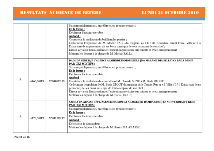 Tribunal du Commerce: Délibérés des Audiences de Référés du lundi 21 octobre 