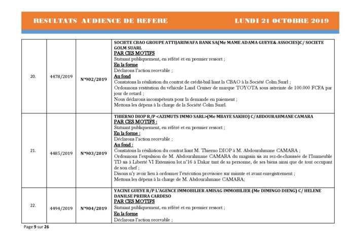 Tribunal du Commerce: Délibérés des Audiences de Référés du lundi 21 octobre 