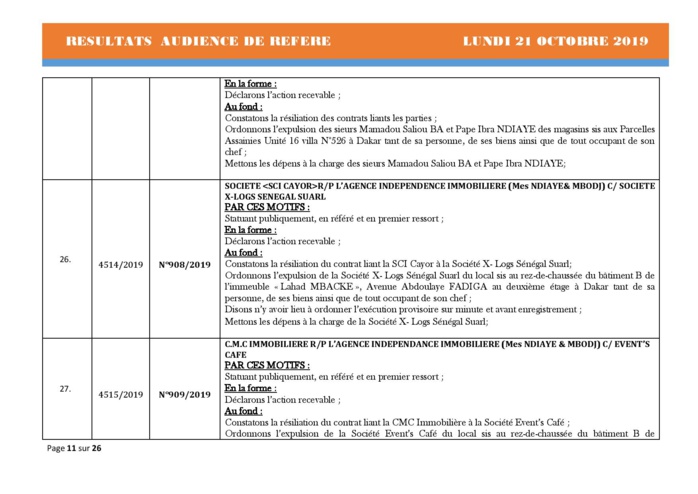 Tribunal du Commerce: Délibérés des Audiences de Référés du lundi 21 octobre 