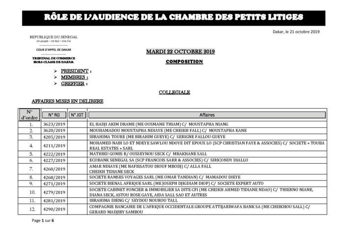 Tribunal du Commerce: Audiences de la Chambre des Petits Litiges de ce mardi 22 octobre 