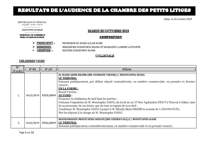 Tribunal du Commerce: Délibérés des Audiences de la Chambre des Petits Litiges du mardi 22 octobre 