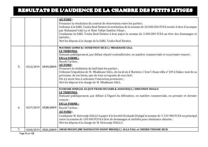 Tribunal du Commerce: Délibérés des Audiences de la Chambre des Petits Litiges du mardi 22 octobre 