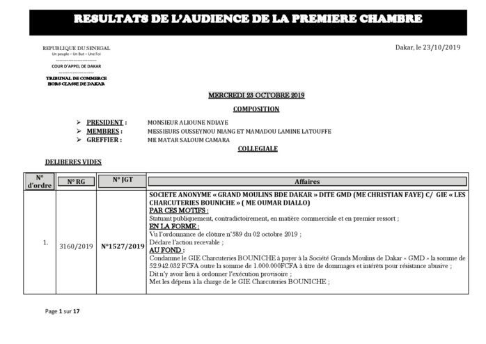 Tribunal du Commerce: Délibérés des Audiences du mercredi 23 octobre 