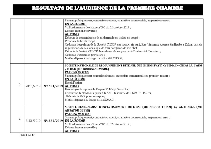 Tribunal du Commerce: Délibérés des Audiences du mercredi 23 octobre 