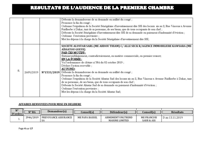 Tribunal du Commerce: Délibérés des Audiences du mercredi 23 octobre 