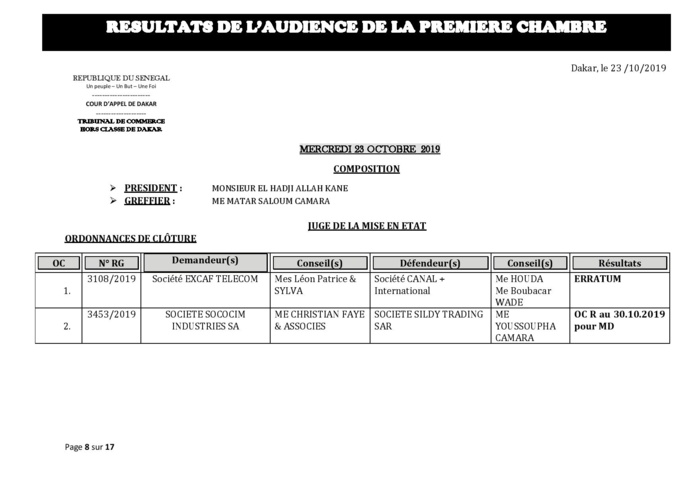 Tribunal du Commerce: Délibérés des Audiences du mercredi 23 octobre 