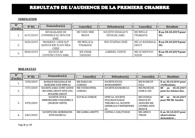 Tribunal du Commerce: Délibérés des Audiences du mercredi 23 octobre 