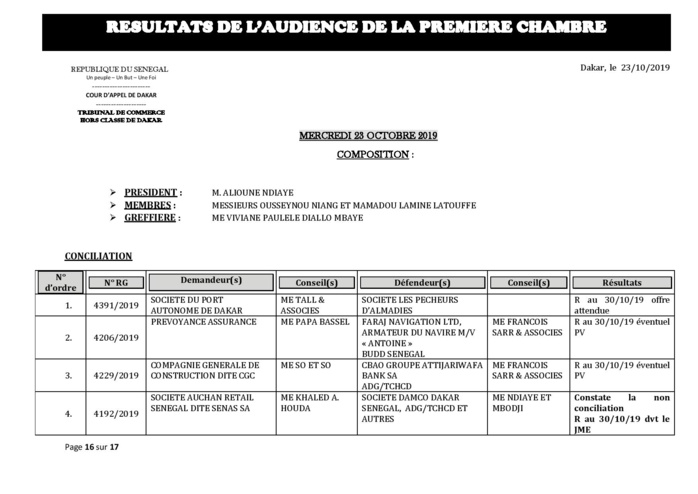 Tribunal du Commerce: Délibérés des Audiences du mercredi 23 octobre 