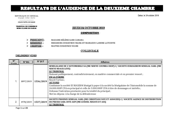 Tribunal du Commerce: Délibérés des Audiences du jeudi 24 octobre 