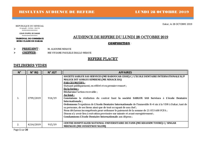 Tribunal du Commerce: Délibérés des Audiences de Référés du lundi 28 octobre