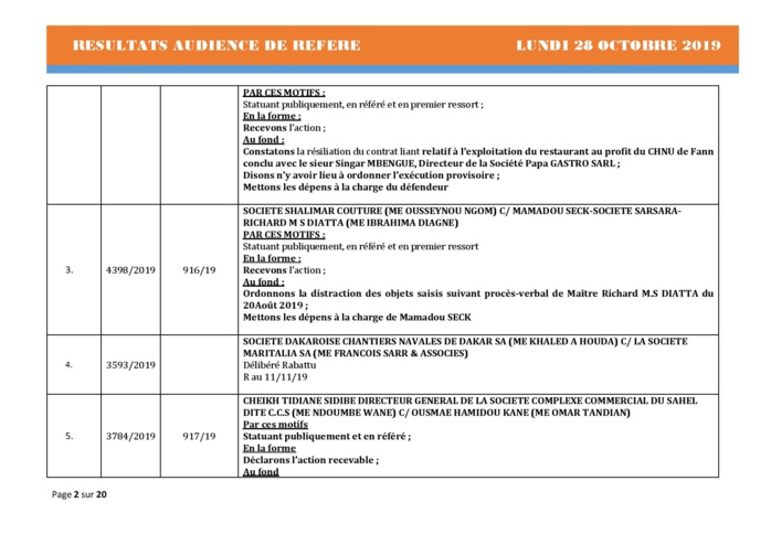 Tribunal du Commerce: Délibérés des Audiences de Référés du lundi 28 octobre