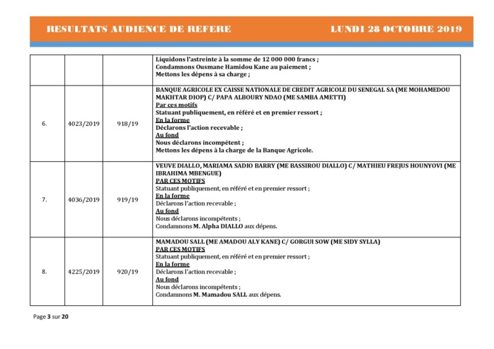 Tribunal du Commerce: Délibérés des Audiences de Référés du lundi 28 octobre