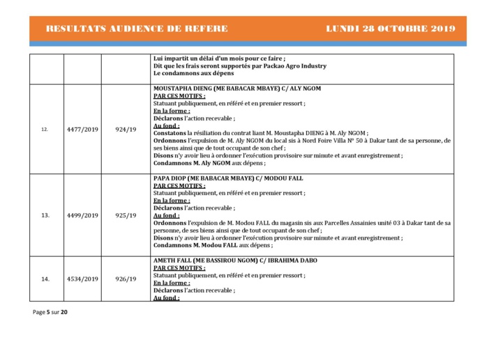 Tribunal du Commerce: Délibérés des Audiences de Référés du lundi 28 octobre