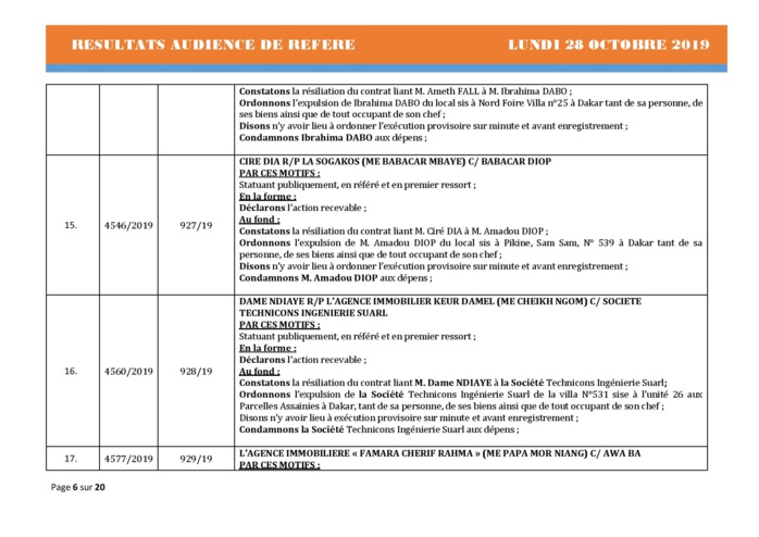 Tribunal du Commerce: Délibérés des Audiences de Référés du lundi 28 octobre