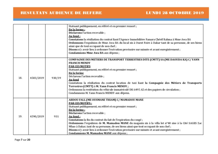 Tribunal du Commerce: Délibérés des Audiences de Référés du lundi 28 octobre