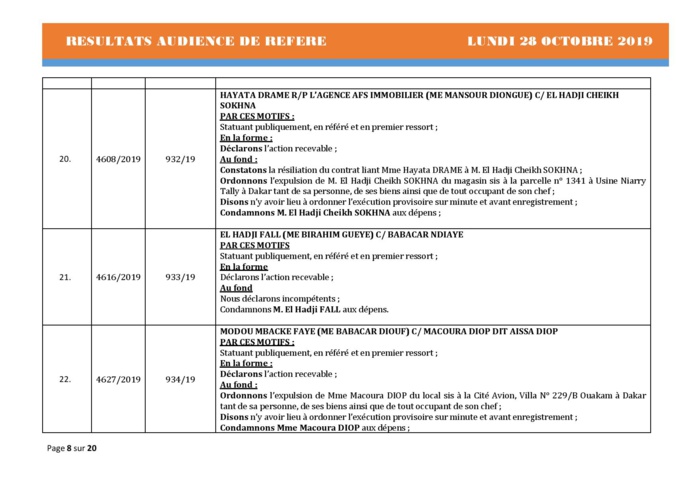 Tribunal du Commerce: Délibérés des Audiences de Référés du lundi 28 octobre