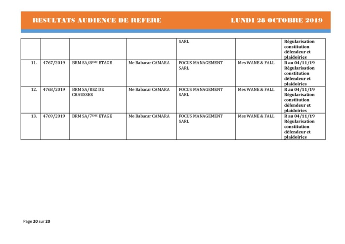 Tribunal du Commerce: Délibérés des Audiences de Référés du lundi 28 octobre