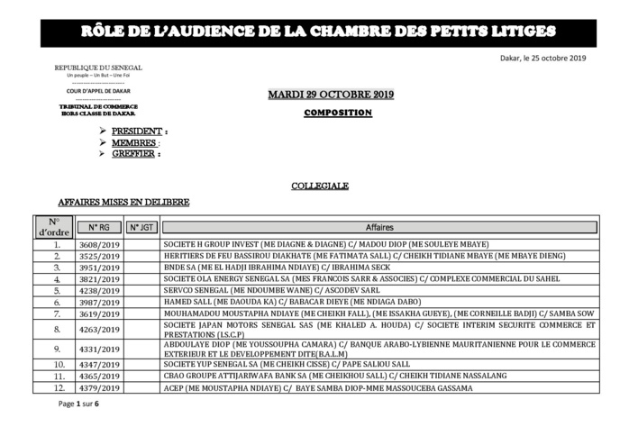 Tribunal du Commerce: Audiences de la Chambre des Petits Litiges de ce mardi 29 octobre 