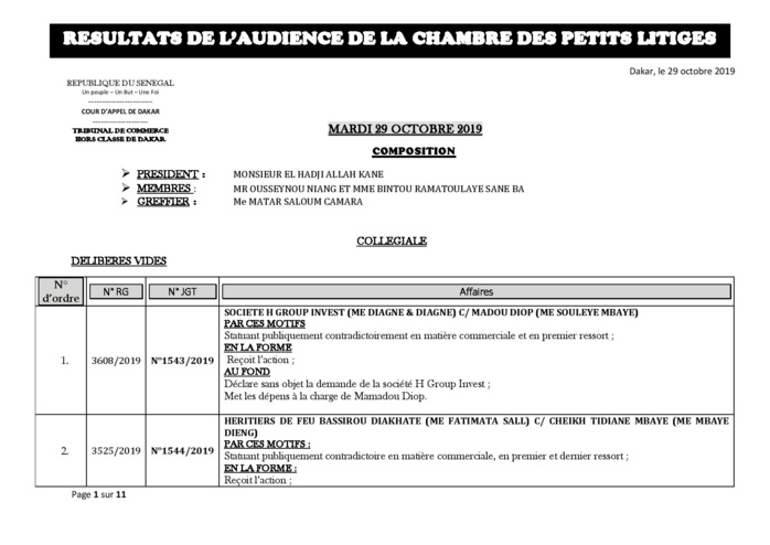 Tribunal du Commerce: Délibérés des Audiences de la Chambre des Petits Litiges de ce mardi 29 octobre 