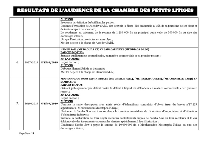 Tribunal du Commerce: Délibérés des Audiences de la Chambre des Petits Litiges de ce mardi 29 octobre 