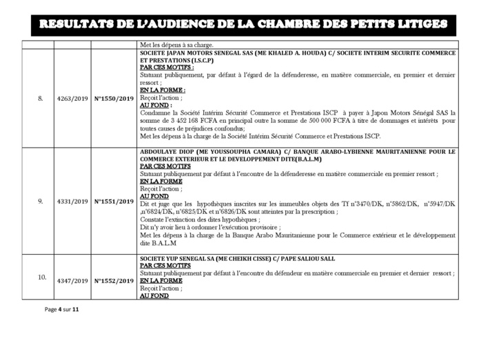 Tribunal du Commerce: Délibérés des Audiences de la Chambre des Petits Litiges de ce mardi 29 octobre 