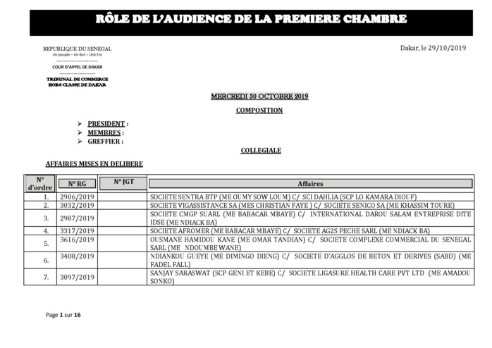 Tribunal du Commerce: Audiences de la Première Chambre de ce mercredi 30 octobre 