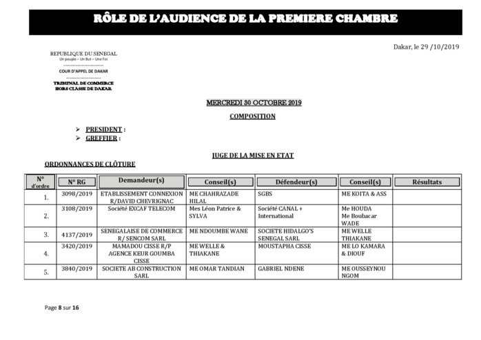 Tribunal du Commerce: Audiences de la Première Chambre de ce mercredi 30 octobre 