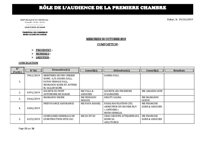 Tribunal du Commerce: Audiences de la Première Chambre de ce mercredi 30 octobre 