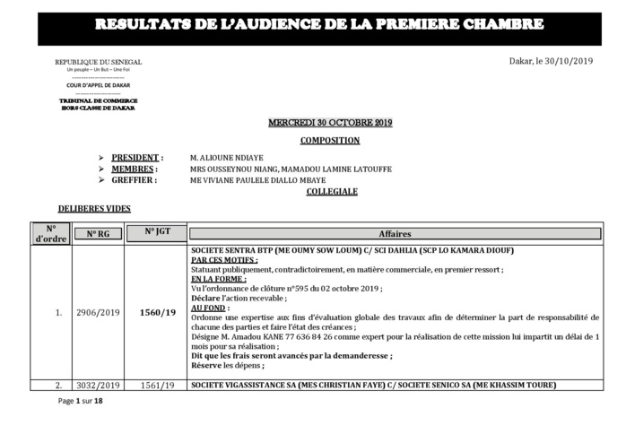 Tribunal du Commerce: Délibérés des Audiences du mercredi 30 octobre 