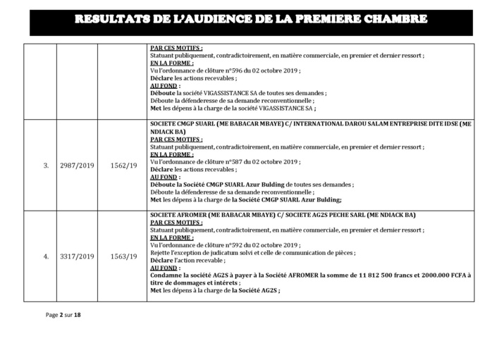 Tribunal du Commerce: Délibérés des Audiences du mercredi 30 octobre 