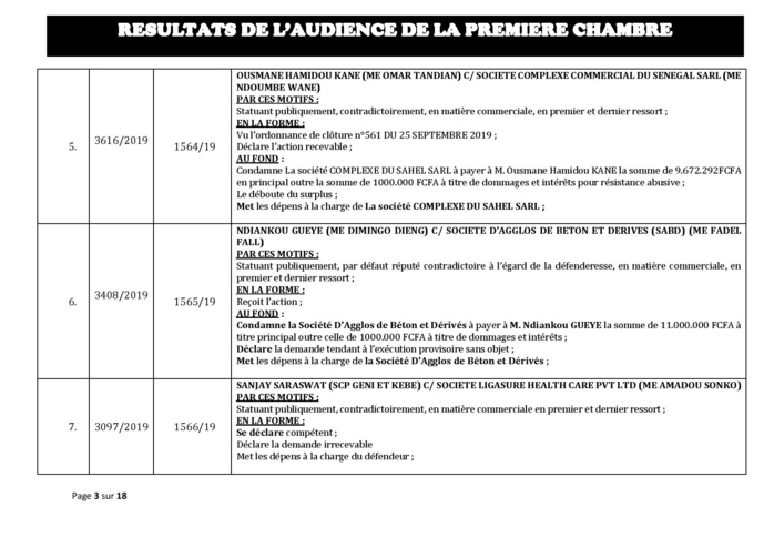 Tribunal du Commerce: Délibérés des Audiences du mercredi 30 octobre 