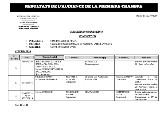 Tribunal du Commerce: Délibérés des Audiences du mercredi 30 octobre 