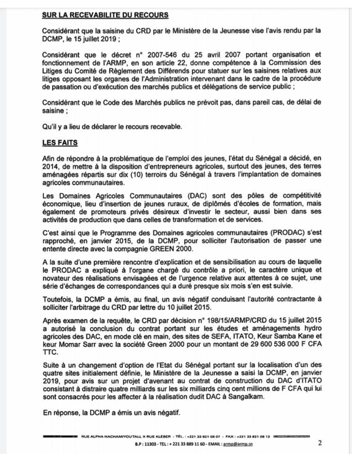 PRODAC - GREEN 2000: Comment l'Armp a couvert un gré à gré de 3 milliards de FCfa (Documents)