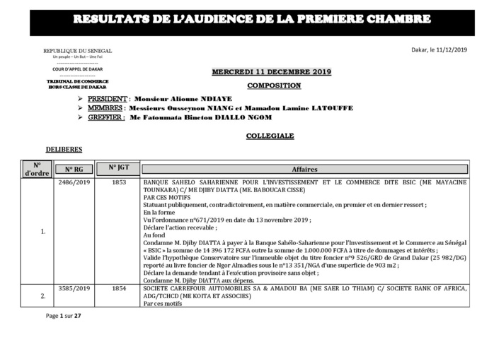 Tribunal du Commerce: Délibérés des Audiences du mercredi 11 décembre