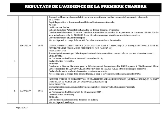 Tribunal du Commerce: Délibérés des Audiences du mercredi 11 décembre