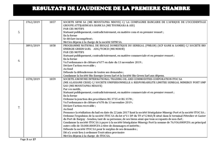 Tribunal du Commerce: Délibérés des Audiences du mercredi 11 décembre