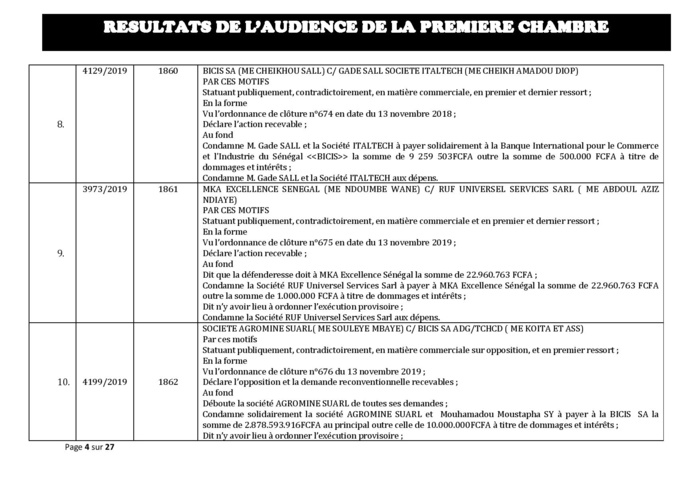 Tribunal du Commerce: Délibérés des Audiences du mercredi 11 décembre