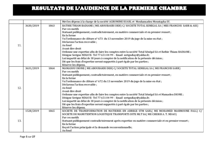 Tribunal du Commerce: Délibérés des Audiences du mercredi 11 décembre