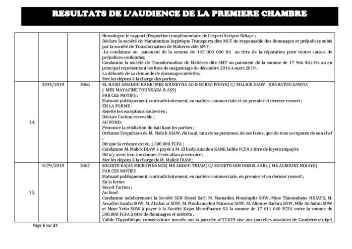 Tribunal du Commerce: Délibérés des Audiences du mercredi 11 décembre