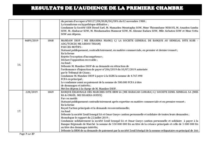 Tribunal du Commerce: Délibérés des Audiences du mercredi 11 décembre