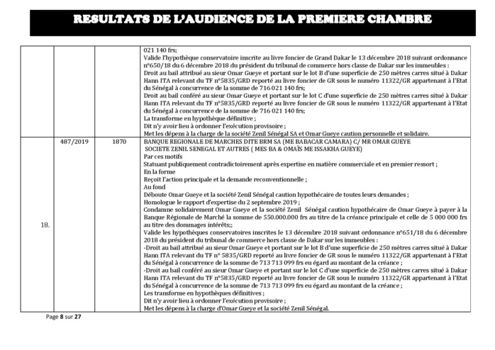 Tribunal du Commerce: Délibérés des Audiences du mercredi 11 décembre