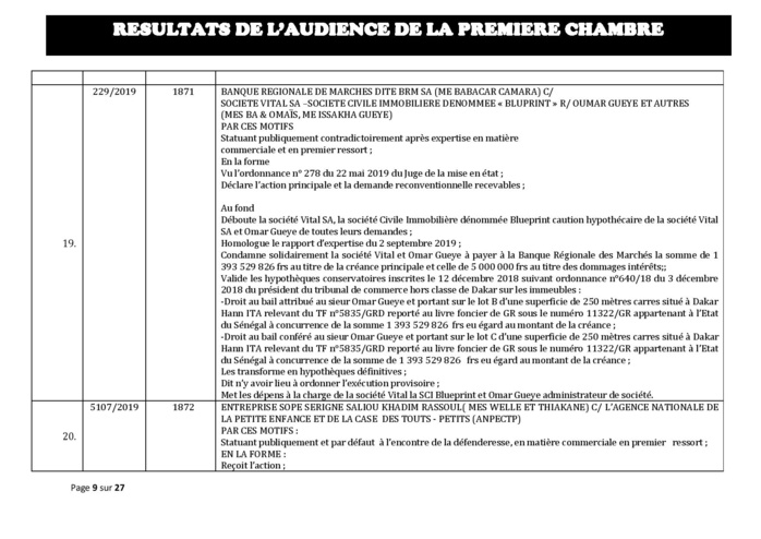 Tribunal du Commerce: Délibérés des Audiences du mercredi 11 décembre