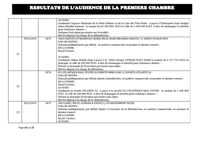 Tribunal du Commerce: Délibérés des Audiences du mercredi 11 décembre