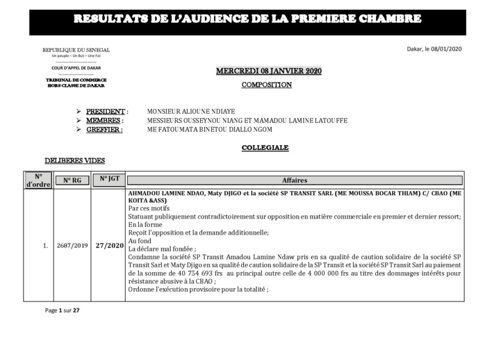 Tribunal du Commerce: Délibérés des Audiences de la Première Chambre du 8 janvier